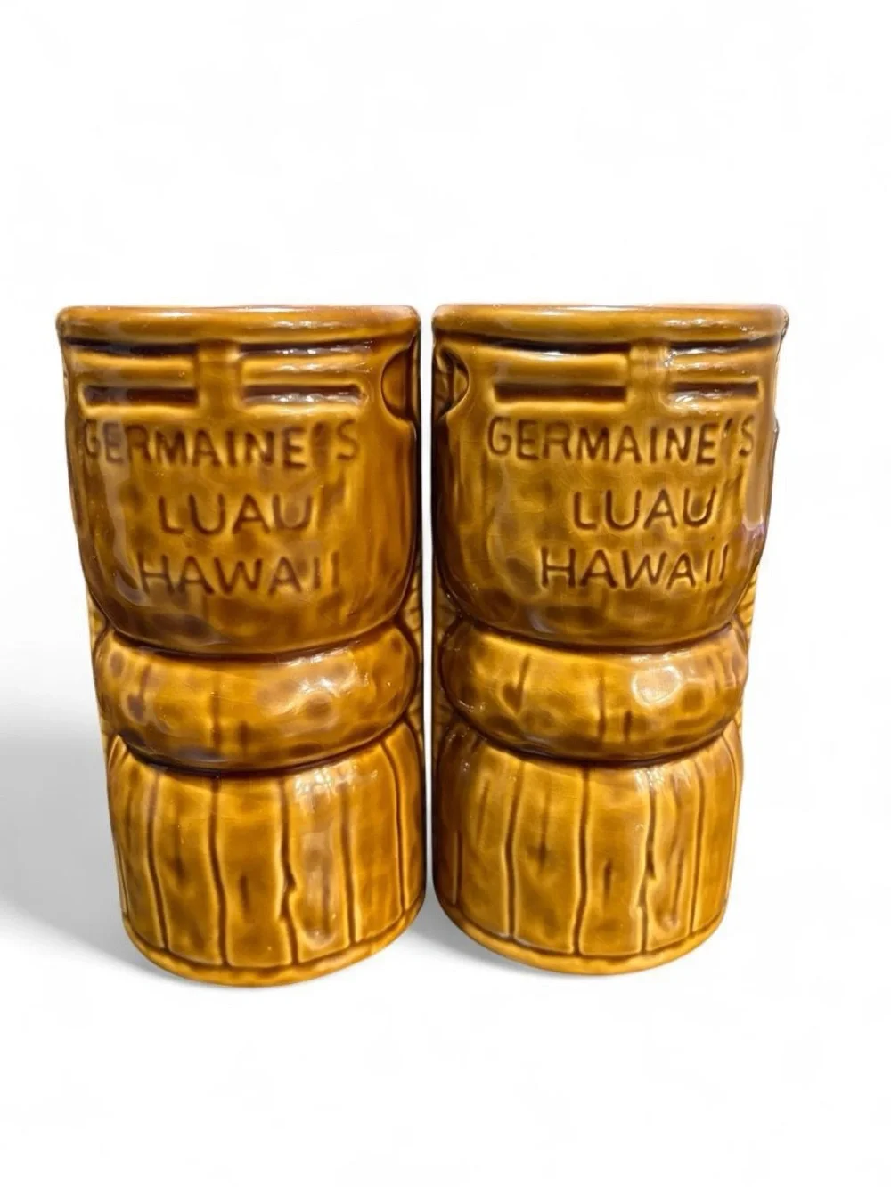Pair of Vintage Germaine's Luau Hawaii Ceramic Tiki Mugs (2010 KC)